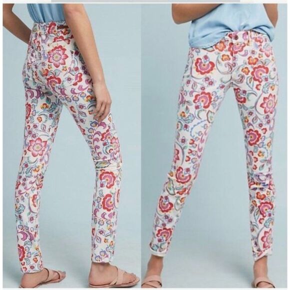 Pilcro and the Letterpress Denim - Pilcro Letterpress Mid Rise Skinny Floral Jeans Size 32 White Red Anthropologie